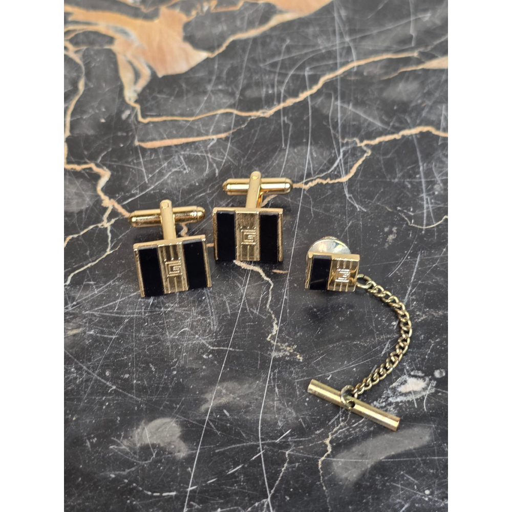 VTG Givenchy Gold Tone & Black Enamel Cufflink Set - Designer Tie Tac Se